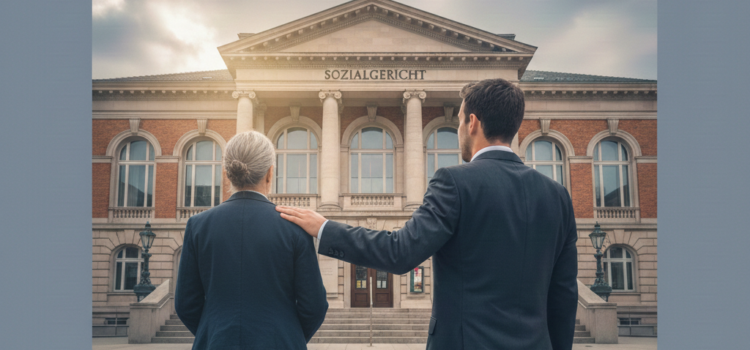 Person mit Anwalt vor Sozialgerichtsgebäude - Klage auf Erwerbsminderungsrente